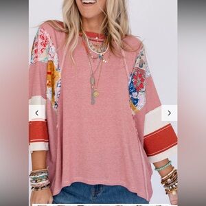 NWOT: Easel Striped Round Neck Boho Flared Patchwork Long Sleeve Tunic Top•Large